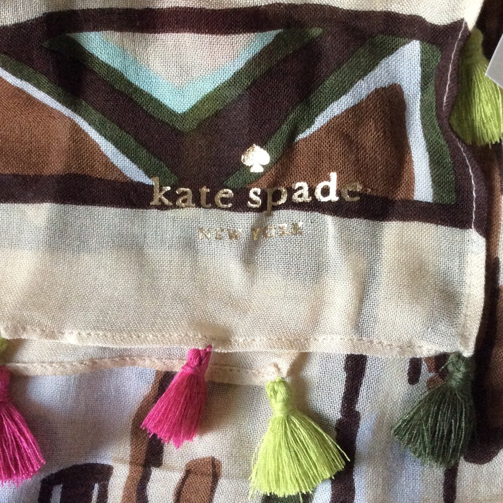 kate spade Geometric Print Tassel Scarf in Brown, Pink, Lime & Olive